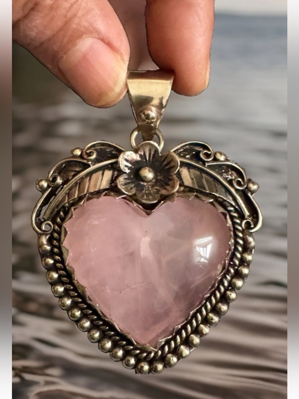 Handcrafted Heart Shape Natural Rose Quartz Silver Pendant,Floral Carving,44gram